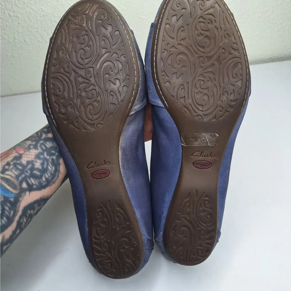 Clarks Artisan Ballet Flats Blue Leather Slip On 12 Bow Comfort Artsy Fairy Boho